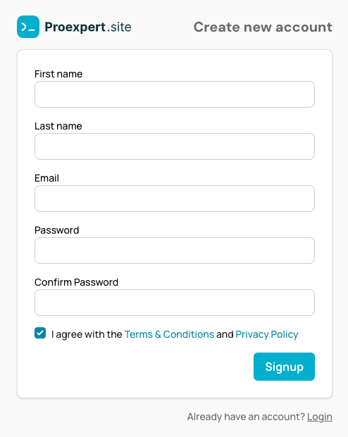 Sign up screen